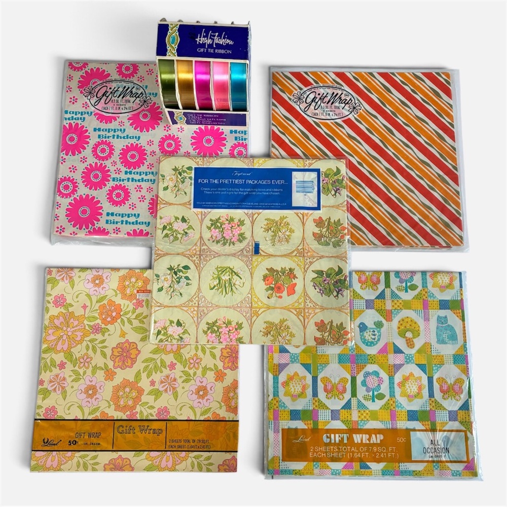 NEW Vintage 1970’s Flat Gift Wrap Kaycrest Ribbon Spool Retro Sealed Lot NOS